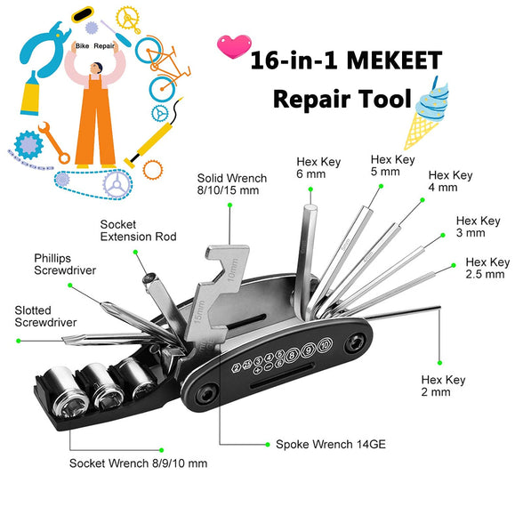 Bike Tool Kit Bike Puncture Repair Kit, 16 in 1 Bike Multifunction Tool Mountain Bike Accessories with Patch Kit and Tire Levers for Mountain Bike and Road Bike