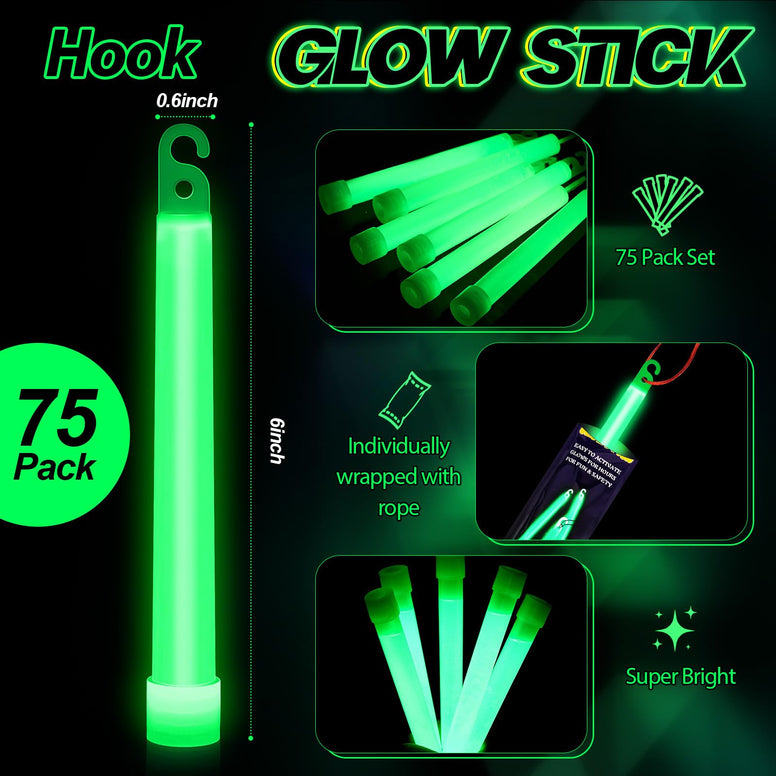 Lewtemi 75 Pack 6'' Ultra Bright Glow Sticks with Lanyard Individually Wrapped, Industrial Military Grade Emergency Glow Stick with 12 Hour Duration for Survival, Camping, Hiking, Party