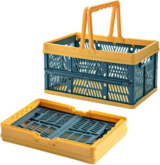 Foldable Square Picnic Baskets with Handles, Supermarket Shopping Basket, Large Spring Travel Portable Bath Basket Storage Box (Large, Blue-Yellow)( 38 x 25.8 x 7.1 cm)