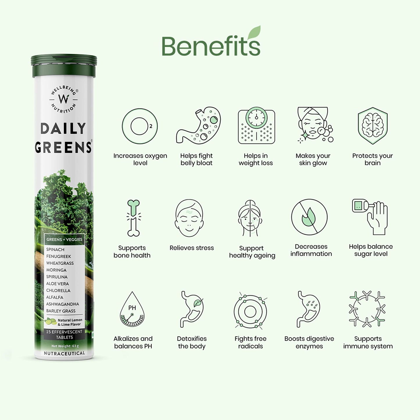 Wellbeing Nutrition Daily Greens, Wholefood Multivitamin with Vitamin C, Zinc, B6, B12, Iron for Immunity and Detox with 39+ Organic Certified Plant Superfoods & Antioxidants(15 Effervescent Tablets)