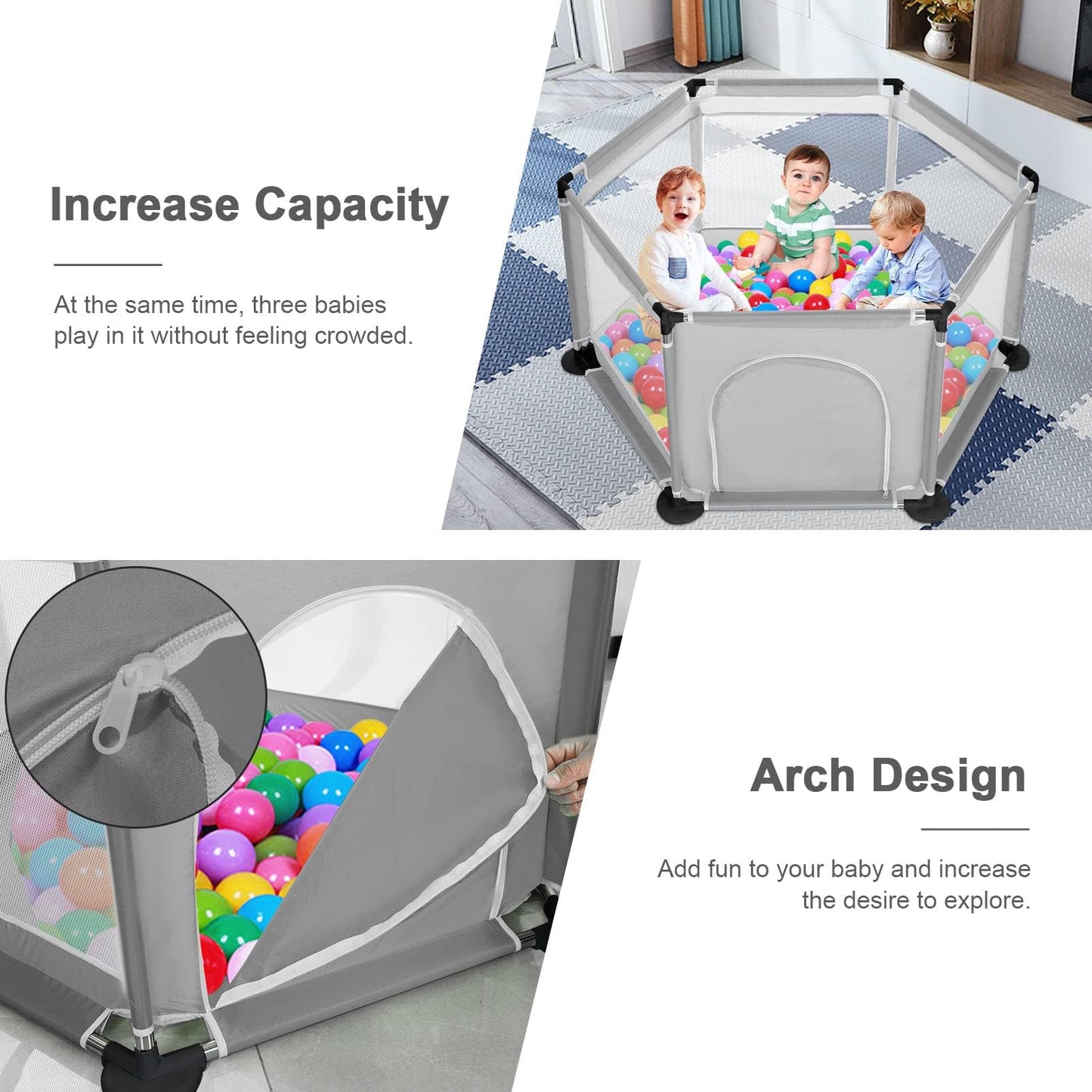 Baby Playpen, 6 Panel Portable Anti-Slip Safety Play Yard with Round Zipper Door, Play mat, and 20 Balls, Indoor & Outdoor Kids Activity Centre Play Fence for Baby Toddlers Infant