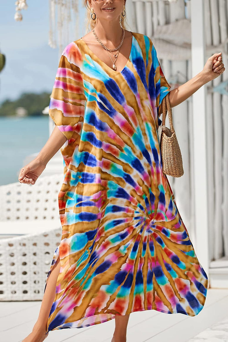 YouKD Maxi Dress V-Neck Kaftan Boho Robes Beach Cover-ups Dress Roomy Gowns for Women