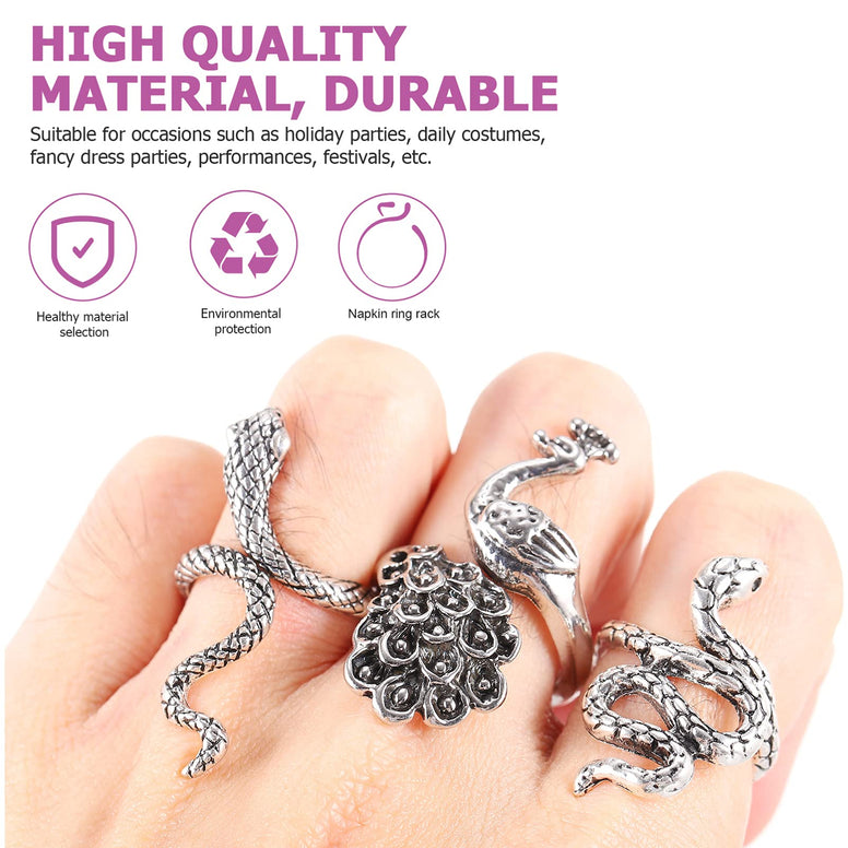 FOKFAO 27 pcs Jewelry Stylish Women Vintage Chic Adjustable Dragon Snake Style Decorative Animal Men Silver Eagle Shaped Punk Accessories Creative Rock Decorations Ring Open Costume