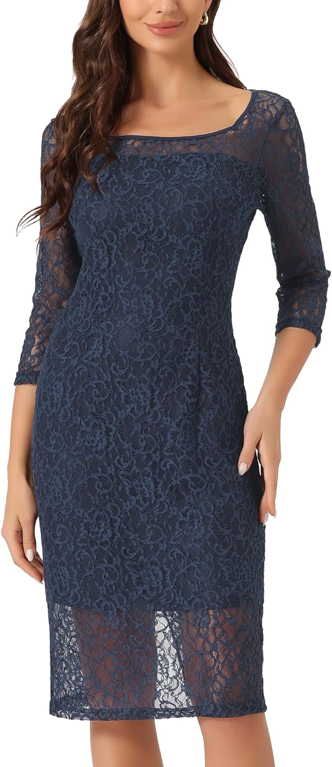 Allegra K Lace Dress for Women's Elegant 3/4 Sleeve Square Neck Bodycon Cocktail Dresses