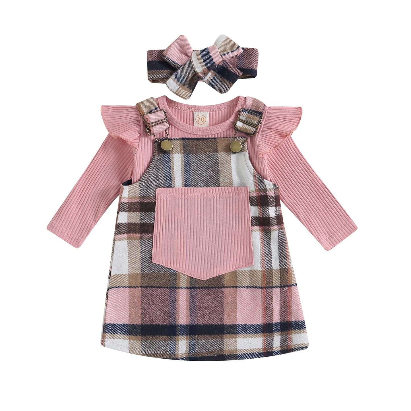 CREAIRY 3Pcs Baby Girl Clothes Knitted Long Sleeve Romper Bodysuit T-Shirt Tops Plaid Suspender Dress Skirt Set Fall Outfits, for 0-3 Months