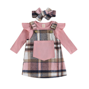 CREAIRY 3Pcs Baby Girl Clothes Knitted Long Sleeve Romper Bodysuit T-Shirt Tops Plaid Suspender Dress Skirt Set Fall Outfits, for 0-3 Months