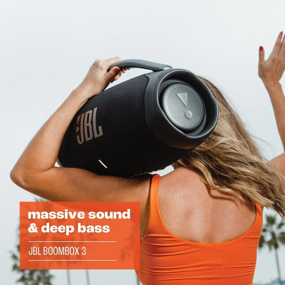 JBL Boombox 3 Portable Speaker, Massive Signature Pro Sound, Monstrous Bass, 24H Battery, IP67 Dust and Water Proof, Partyboost Enabled, Grip Handle, Bluetooth Streaming - Black, JBLBOOMBOX3BLKUK