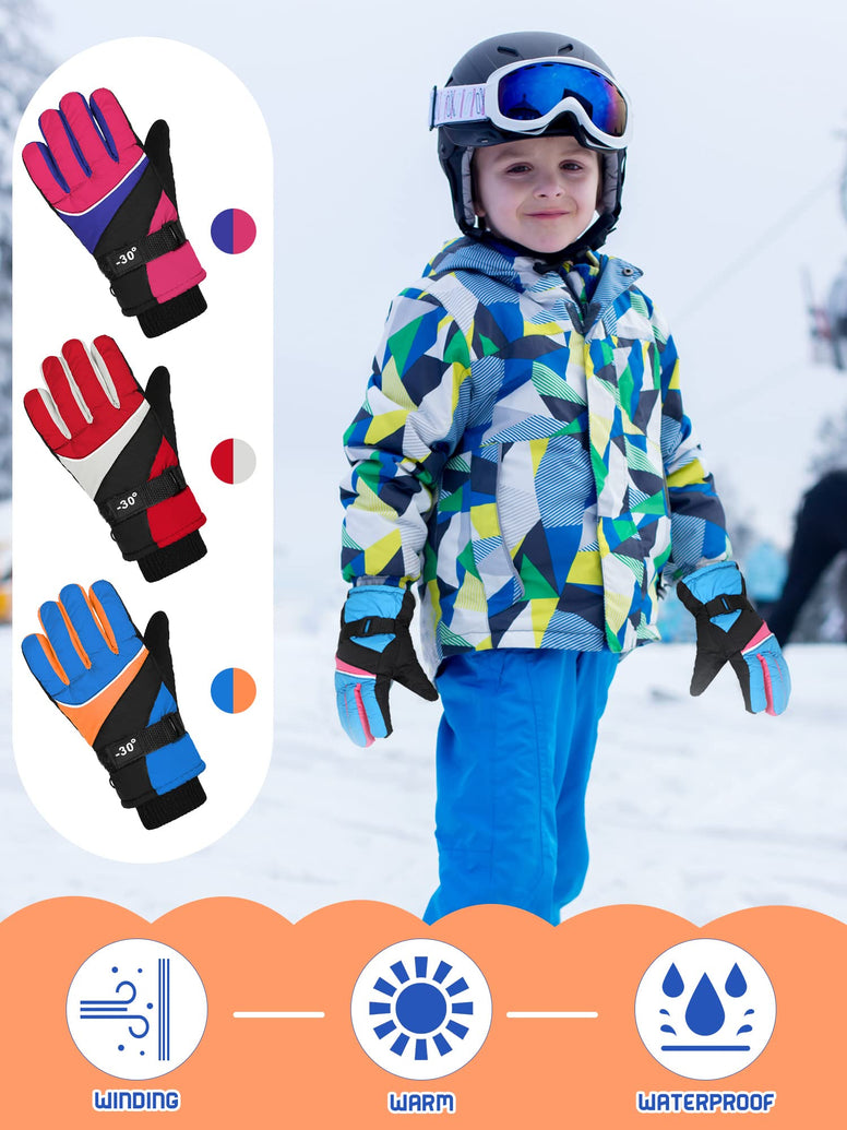 Hicarer 3 Pairs Kids Winter Gloves Waterproof Snow Ski Gloves Windproof Warm Unisex Thermal Snow Mitten for Cold Weather Girls Boys