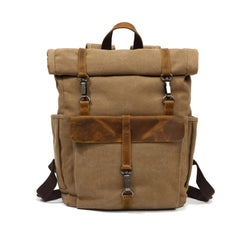 FANDARE Retro Backpack Roll-top School Bag Canvas Hiking Daypacks Unisex Knapsack Travel Rucksack fits 15.6 Inch Laptop for Women Men Work Commuter College School Leather Bookbag