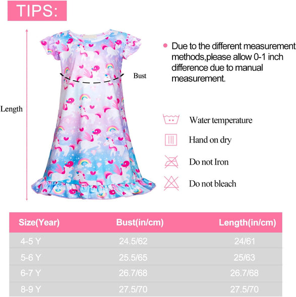 Fiodrimy Girls Nightgowns Unicorn Sleepwear Night Sleep Dress Pajamas Little Kids Toddler Soft Nightgown