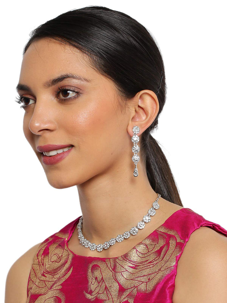 Zaveri Pearls Dazzeling Flowers Austrain Diamnond Non Precious Metal Necklace Set For Women-Zpfk465 (White)