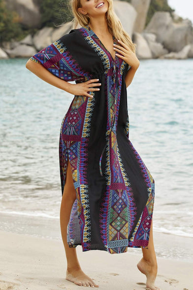 YouKD Summer Floral Loose Caftan Boho Beach Bikini Cover Up Dress Plus Size Robe for Women