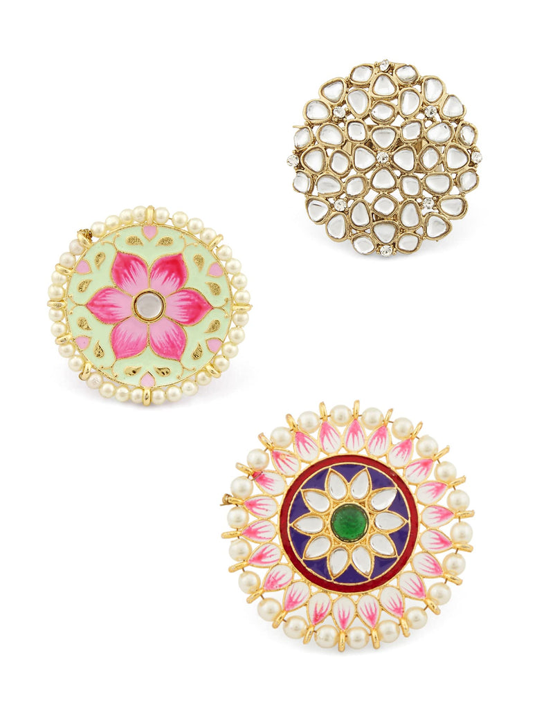 ZAVERI PEARLS Set Of 3 Multicolor Meenakari Floral Design Ethnic Rings For Women-ZPFK14525