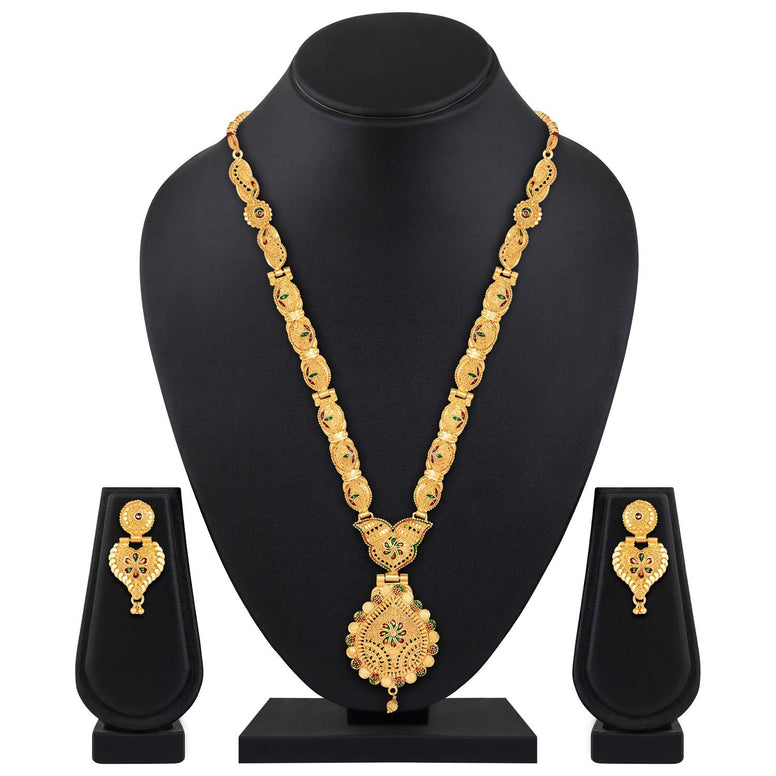 Shining Diva Fashion Latest Long Design Necklace Set For Women Traditional One Gram Gold Plated Jewellery (Golden) (11503s)