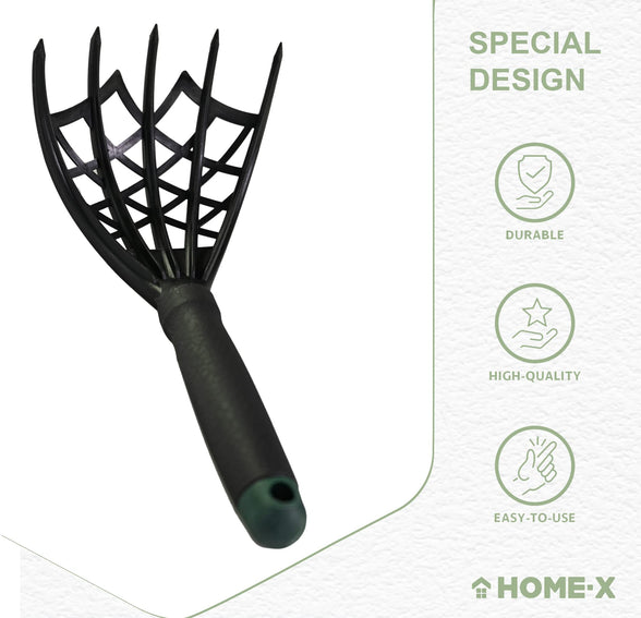 Home-X Webbed Garden Claw Rake and Cultivator, Durable Gardening Tool, Handheld Claw Rake Cultivator & Tiller-Rubber Grip (Black)-10.5” L