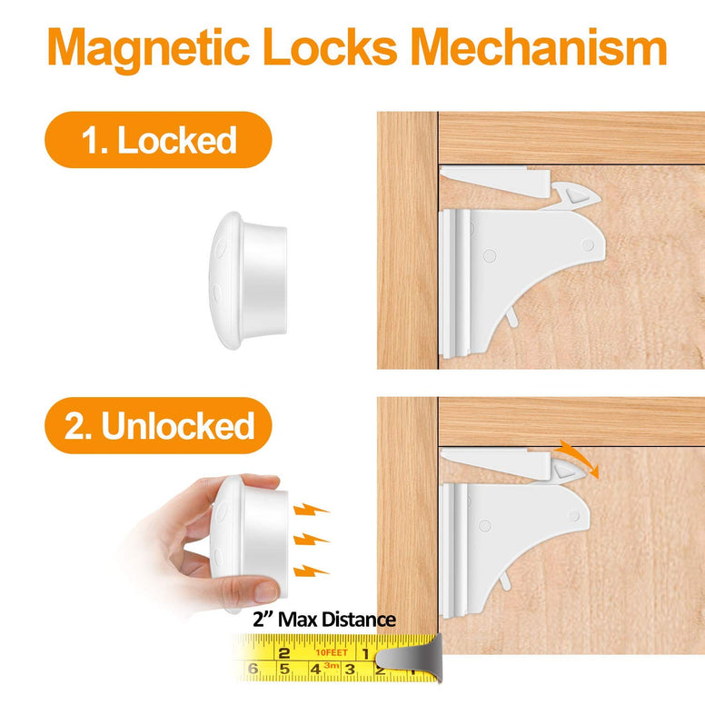 Baby Proofing Magnetic Cabinet Locks Child Safety, LEHSGY Children Proof Cupboard Latches,Baby Safety No Screws or Drilling (White/ 8 & 2 Keys)