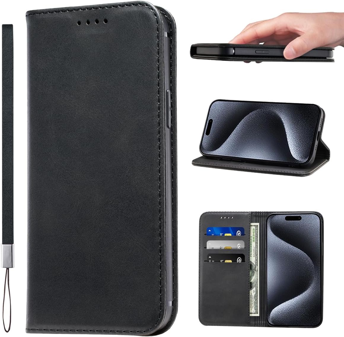 LANJLM iPhone 15 Pro Case PU Leather Wrist Strap Wallet Case Card Holder Shockproof Flip Cover - Black
