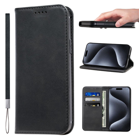 LANJLM iPhone 15 Pro Case PU Leather Wrist Strap Wallet Case Card Holder Shockproof Flip Cover - Black