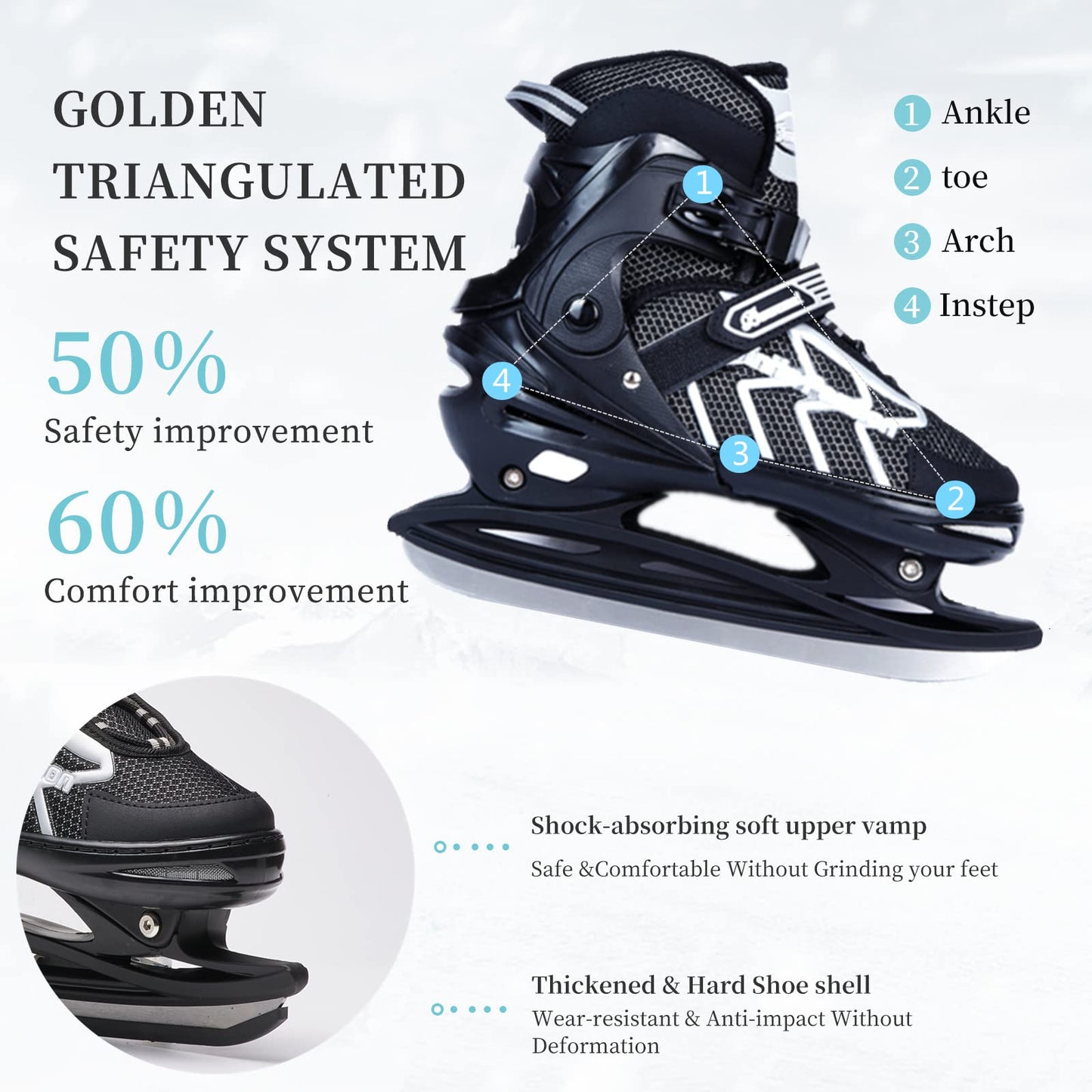 DUWIN Ice Skates，Hockey Skates,Skates with Adjustable 4 Sizes for Boys Girls Youth Men Women and Beginners