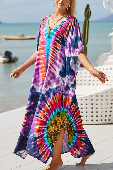 YouKD Maxi Dress V-Neck Kaftan Boho Robes Beach Cover-ups Dress Roomy Gowns for Women