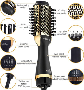 Miklife Hair Dryer Brush One-Step Blow Dryer Brush for Styling and Frizz Control,Negative Ionic Hot Air Brush Volumizer Ceramic Gold