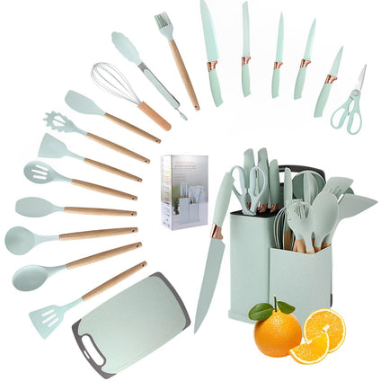 VAODO 19 Piece Kitchen Knife and Cooking Utensils Set, Silicone Cookware Set with Storage Box and Cutting Board, Including Cooking Utensils Set, kitchen gadgets and knives, Green