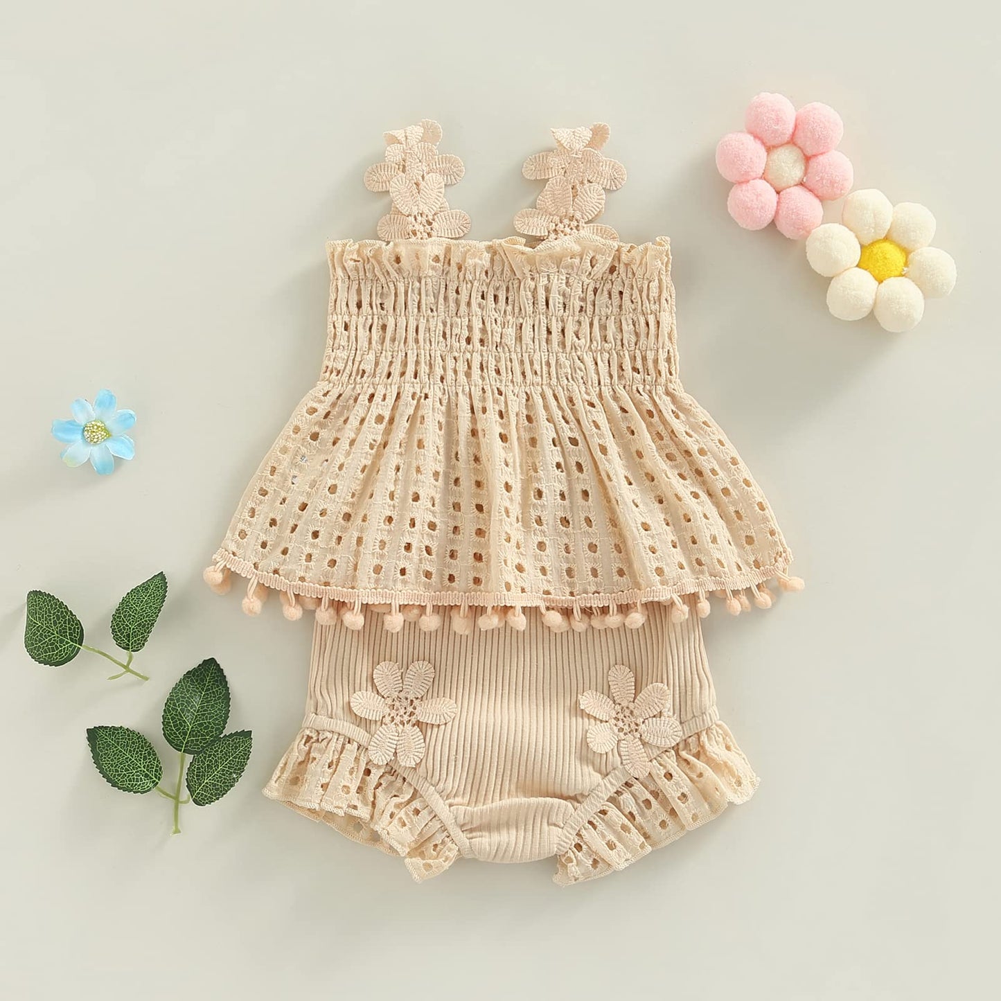 Newborn Baby Girls Clothes Sets Waffle Floral Print Sleeveless Bodysuits+Ruffles Drawstring Summer Shorts+Headband(3-6 M)