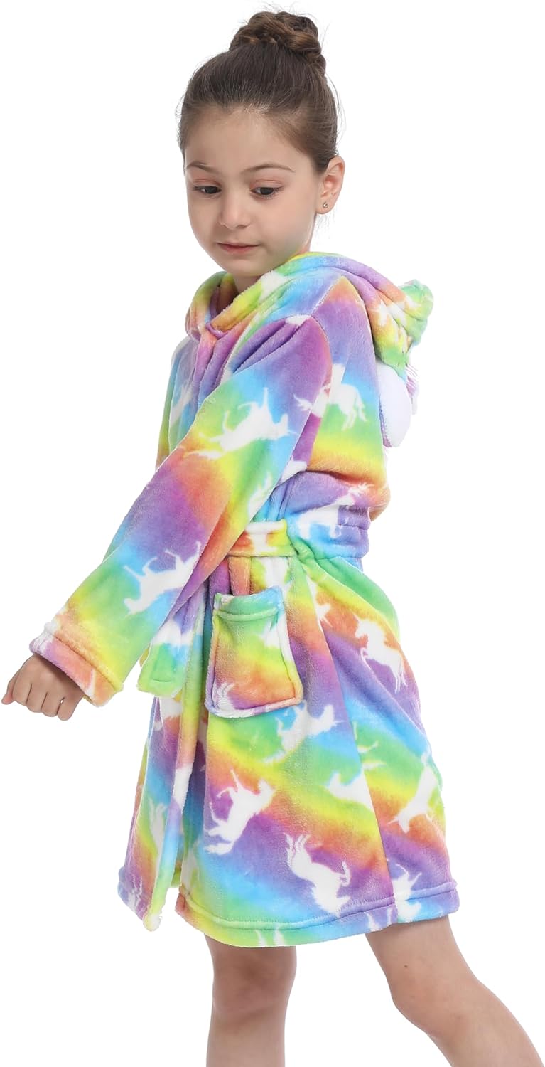 Z-YQL Kid Girls Bathrobe Dressing Gown Novelty Hooded Nightgown Fleece Comfy Flannel Soft Robe Colorful