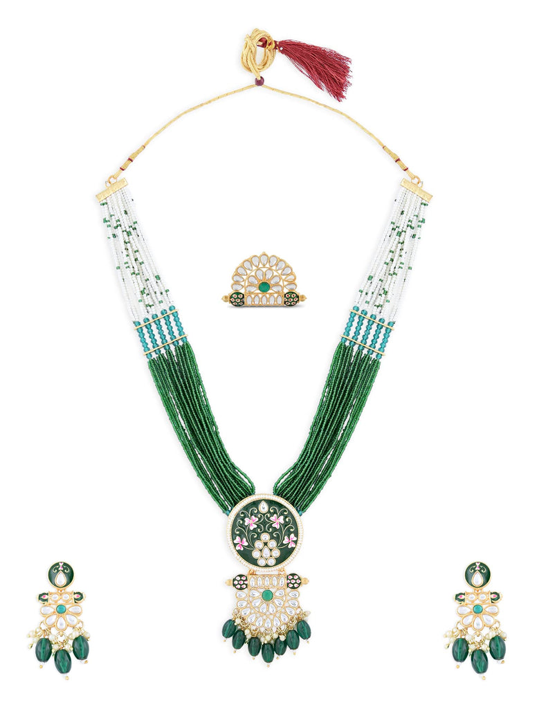 Zaveri Pearls Green Pink Meenakari Multistrand Beaded Long Kundan Necklace Earring & Ring Set For Women-ZPFK15624