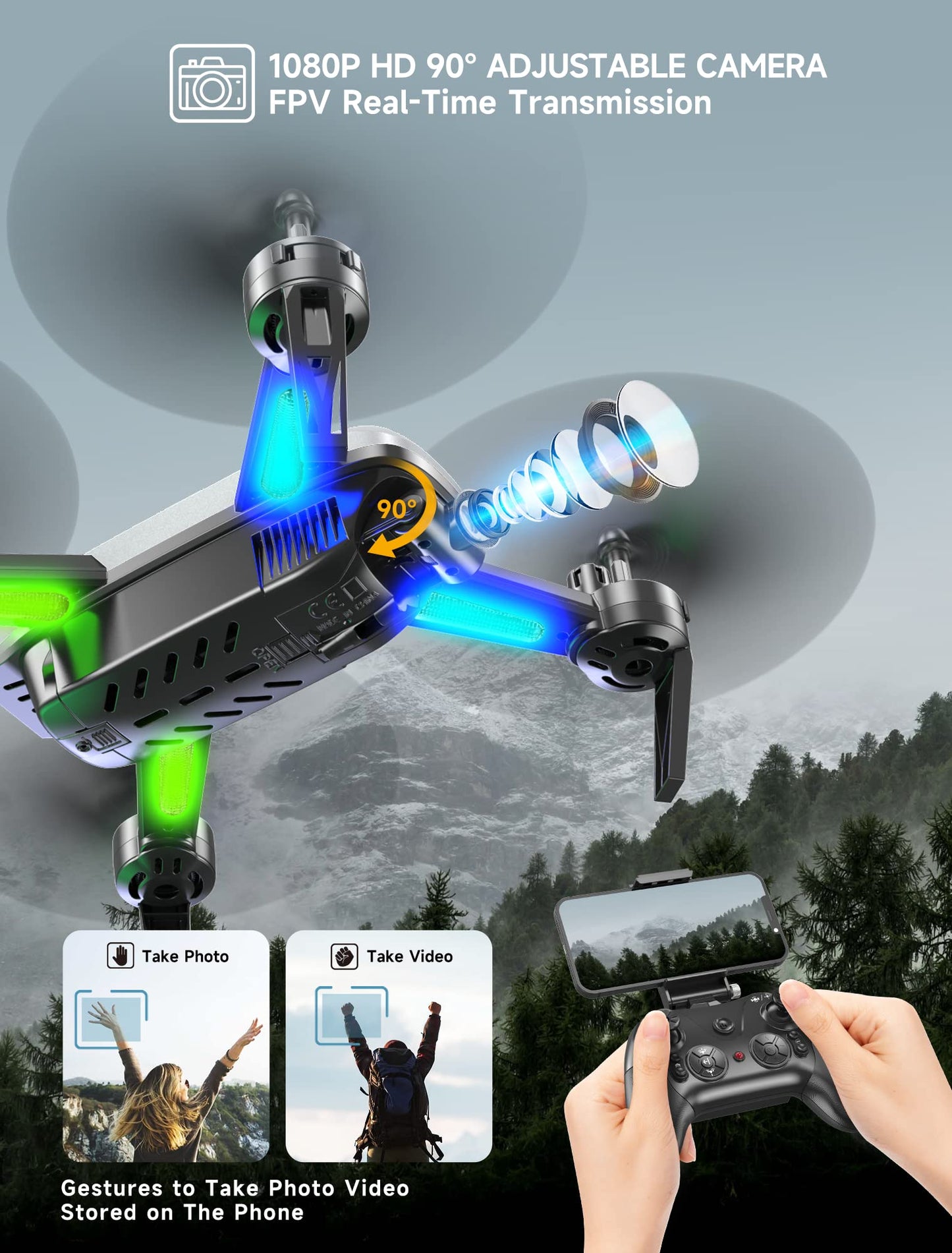Wipkviey T6 Drone with Camera 1080P for Beginners, WiFi FPV RC Quadcopter for Adults, Gravity Sensor, Flip Mode, One Button Take off/Landing, One Button Return, Headless Mode, 2 Batteries