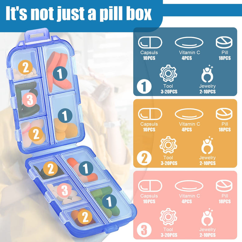 Travel Pill Organizer Box, 2 Pcs 10 Compartments Portable Plastic Pill Case, Pill Box Dispenser for Medicines, Vitamin, Fish Oil (Blue, Pink)