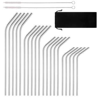 Reusable Stainless Steel Drinking Straws, 20 Pcs 4 Size - 6.3'' 7.1'' 8.5'' 10.5'', BPA Free Long Short Smoothie Drinking Curved Bent Straws with 2 Brushes and 2 Carry Bag, Fit for 20/30 oz Tumblers