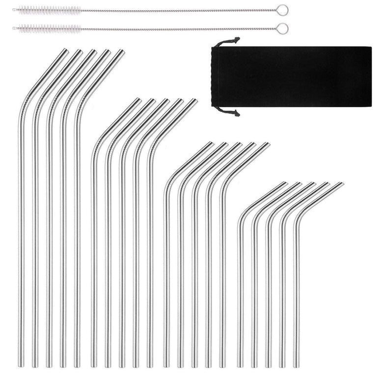 Reusable Stainless Steel Drinking Straws, 20 Pcs 4 Size - 6.3'' 7.1'' 8.5'' 10.5'', BPA Free Long Short Smoothie Drinking Curved Bent Straws with 2 Brushes and 2 Carry Bag, Fit for 20/30 oz Tumblers