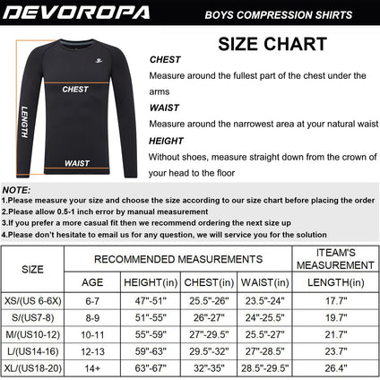 DEVOROPA Youth Boys Compression Shirt Short/Long Sleeve Football Baseball Undershirt Quick Dry Sports Baselayer (0-6 Months)