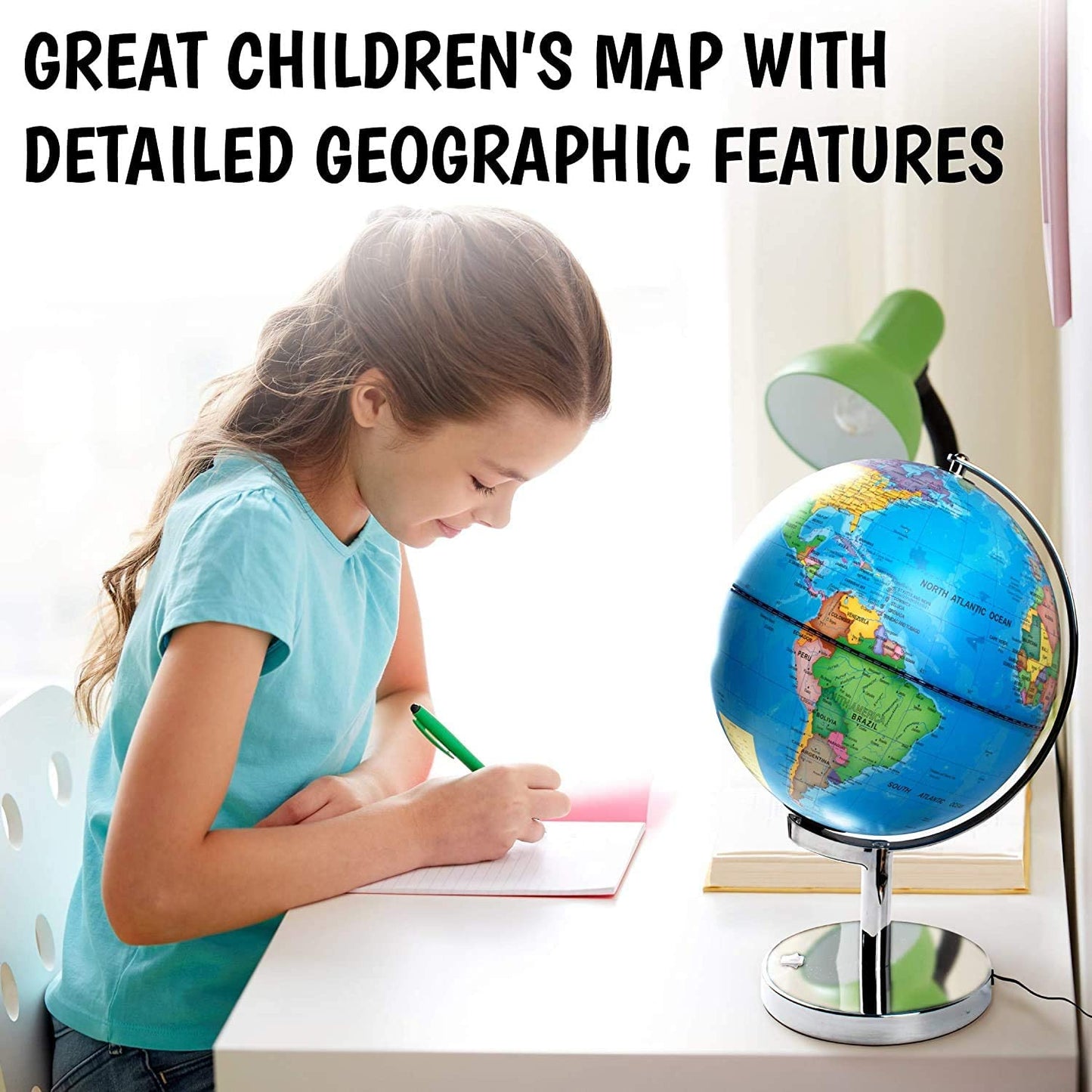 Illuminated World Globe with Stand-Educational Gift Kids Globe Built in LED Light with World Map and Constellation View,Interactive Desktop Earth Globe for Kids