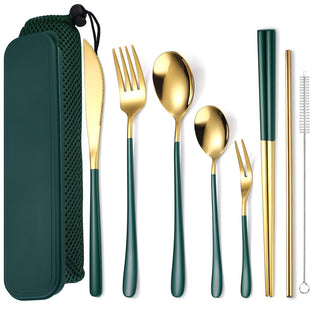 Portable Reusable Cutlery Set, Travel Utensils Set with Case, Stainless Steel Flatware Set Including Knife Fork Spoon Chopsticks Straws Brush, Dishwasher Safe (Green golden)