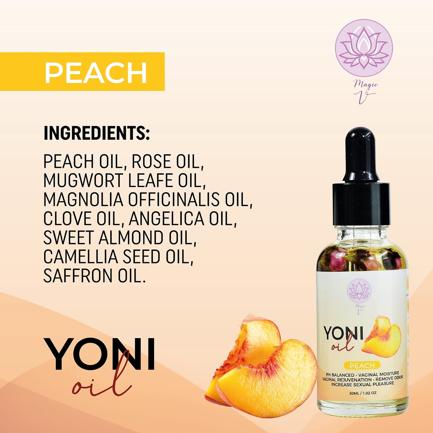 Magic V Yoni Oil Organic Feminine Oil l Moisturizer (Peach) Feminine Deodorant Eliminates Odor Ph Balanced With Essential Oils