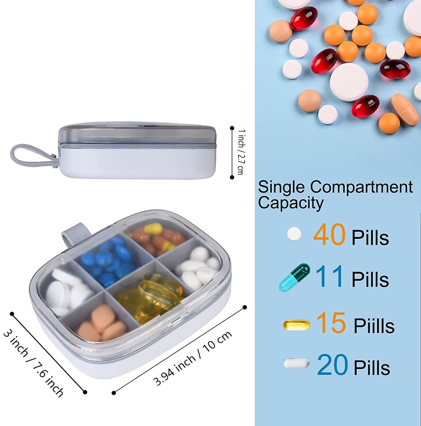 AJIADA 6 Compartments Travel Pill Organizer Box Moisture Proof Small Pill Box for Pocket Purse Daily Travel Case Portable Medicine Vitamin Container, White