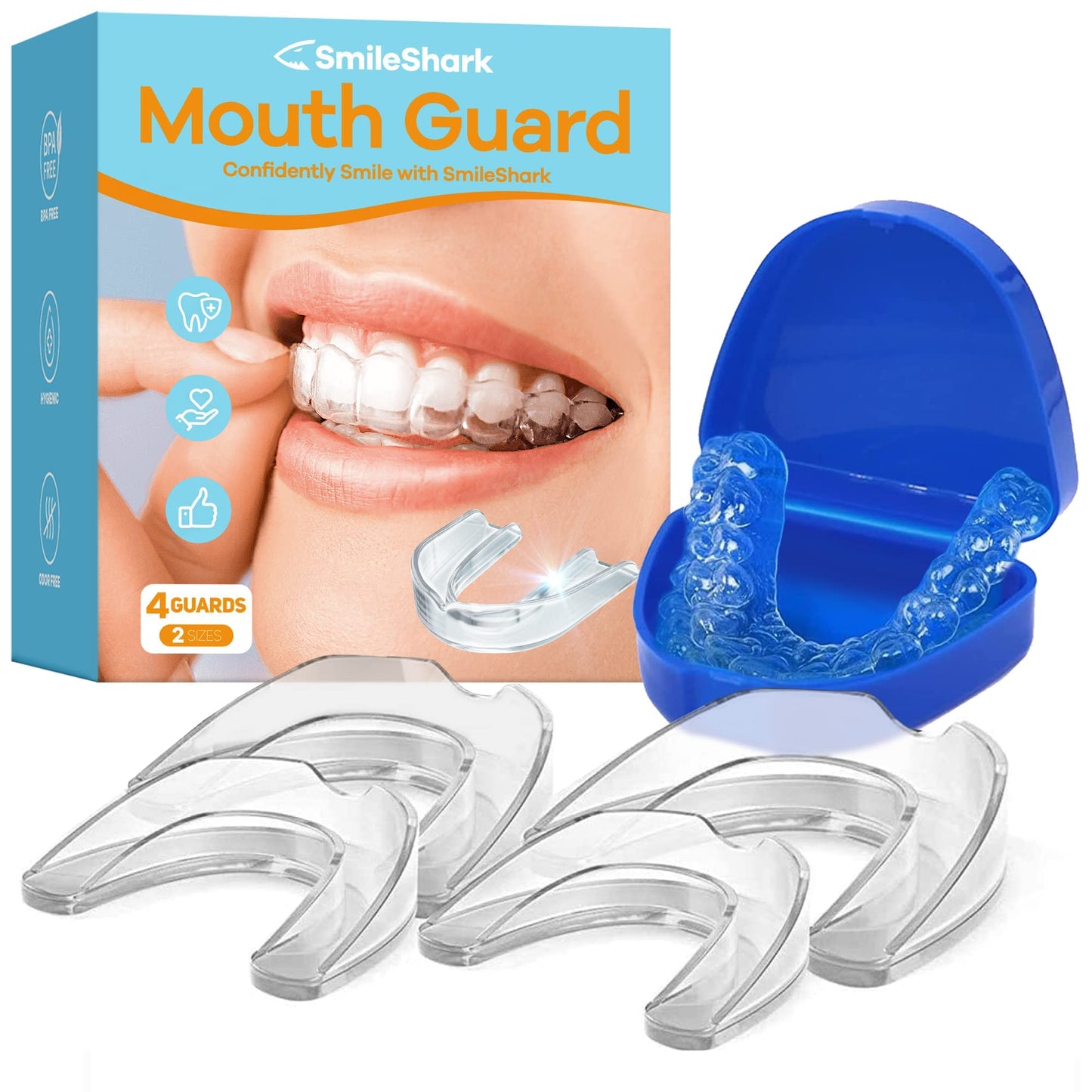 SmileShark Mouth Guard (4 Count), Mouth Guard for Clenching Teeth at Night, Night Guard for Clenching, Night Guards for Teeth Grinding, Mouth Guard for Grinding Teeth (2 Regular & 2 Heavy Duty)