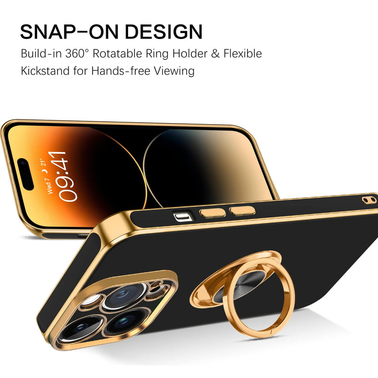 BENTOBEN iPhone 14 Pro Max Case, Slim Lightweight 360° Ring Holder Kickstand Support Car Mount Shockproof Women Men Non-Slip Protective Case for iPhone 14 Pro Max 6.7", Black/Gold