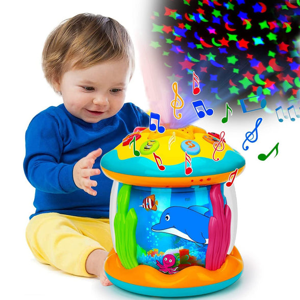 AM ANNA Baby Music Toys 4 in 1 Projector Ocean Rotating Montessori Toys,Crawling Light Up Baby Toys Newborn Baby Early Education Toys 3-18 Months Babies Gifts for Toddlers 1-3 Years Old Boys Girl Kid