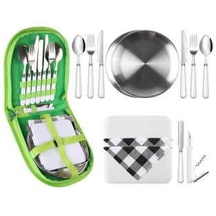 Odoland Stainless Steel Camping Cutlery Set with Spoon Fork Knife Plate Bottles Opener Table Napkins and Storage Bag Kitchen Tableware Kit for Daily Meal or Outdoor Hiking Picnic for Two People