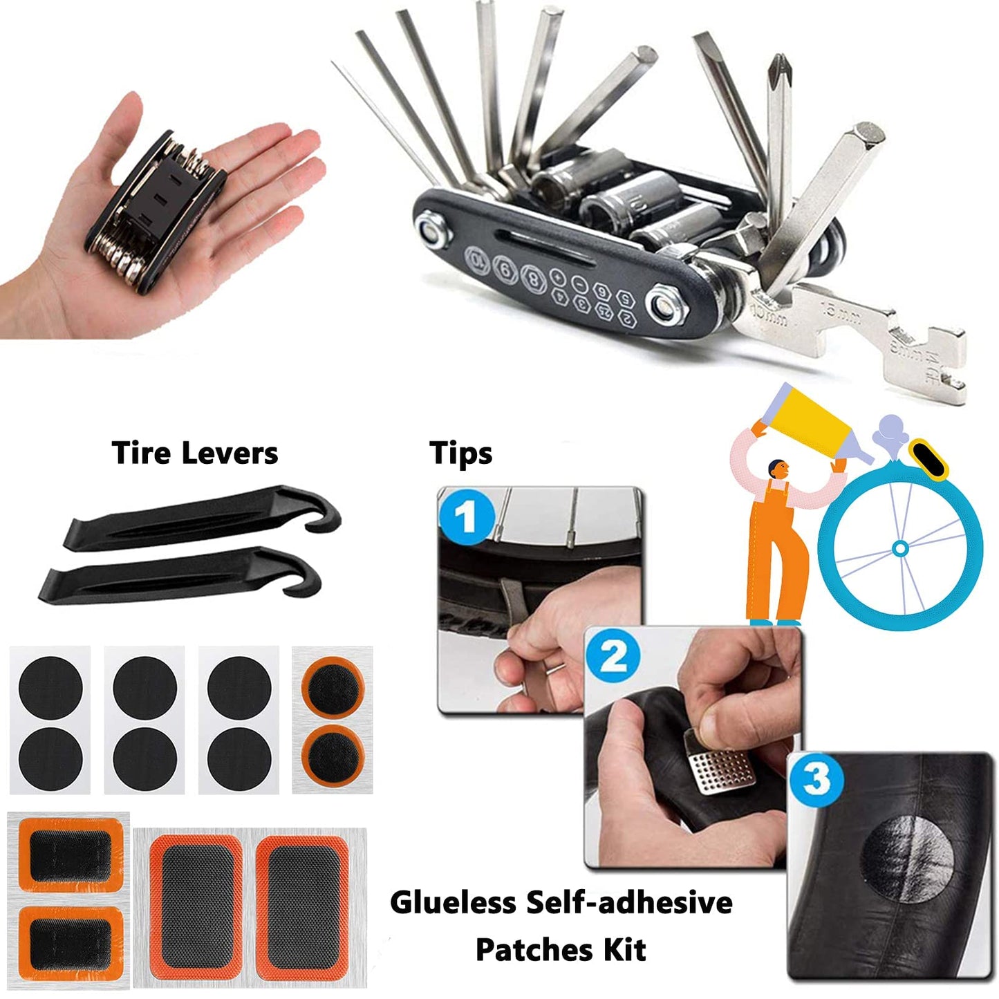 Bike Tool Kit Bike Puncture Repair Kit, 16 in 1 Bike Multifunction Tool Mountain Bike Accessories with Patch Kit and Tire Levers for Mountain Bike and Road Bike