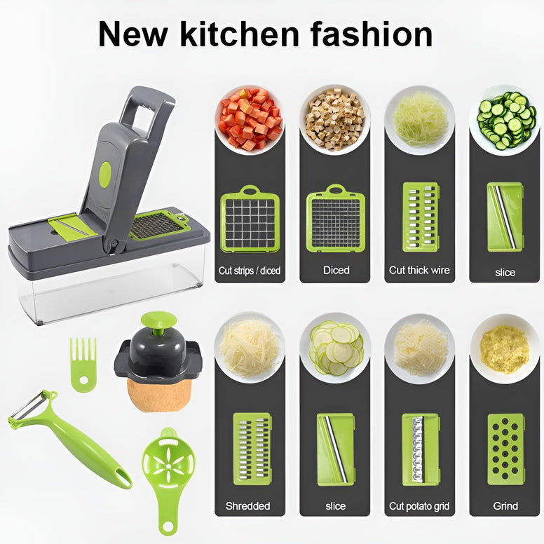 15 in 1 Multifunctional Vegetable Chopper-Mandoline Veggie Dicer-Onion Fruit Salad Cheese Food Slicer-Lemon Egg Squeezer-Perfect Blades Stainless Steel Cutters with Transparent Container Box (Grey)