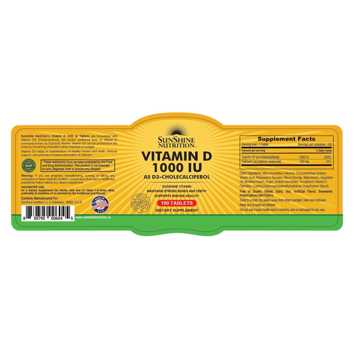 SUNSHINE NUTRITION Vitamin D 1000 Iu, 100 Tablets