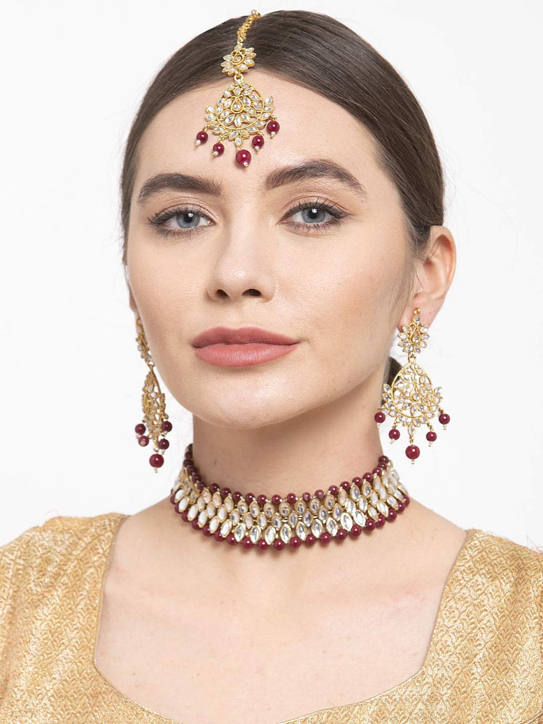 Shining Diva Latest Choker Design Traditional Kundan Earrings Maang Tikka Necklace Jewellery Set for Women