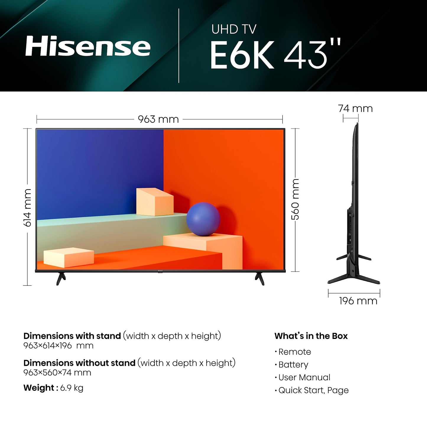 Hisense 43 Inch TV 4K UHD Smart with Dolby Vision Pixel Tuning Share TV Game Mode Plus Youtube Netflix Shahid - 43E6K (2022 model)