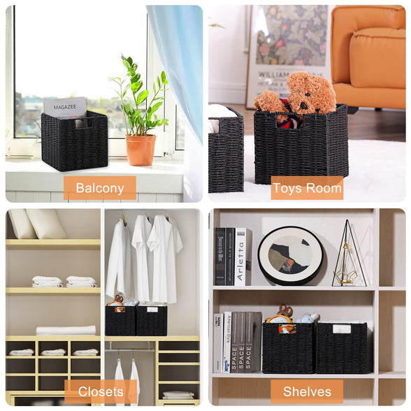 Vagusicc Wicker Baskets for Storage, Set of 2 Hand-Woven Storage Baskets for Shelves, Foldable Cube Storage Baskets Bins with Handles, 9 inch Small Wicker Baskets for Organizing Pantry Bedroom, Black