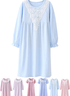 ABALACOCO Girls Kids Princess Lace Nightgown Long Sleeve Cotton Sleepwear Dress Pretty V-neck Loose Homewear