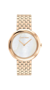 Calvin Klein, Twisted Bezel Women's White Mother Of Pearl Dial, Ionic Plated Carnation Gold Steel Watch - 25200322